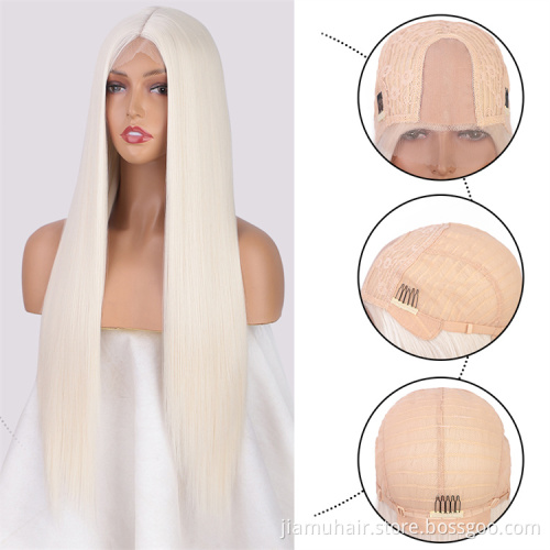 Synthetic Cosplay Wig Long Straight Middle Part Hair Blonde Pink Black Heat Resistant Fiber Long Hair Wigs